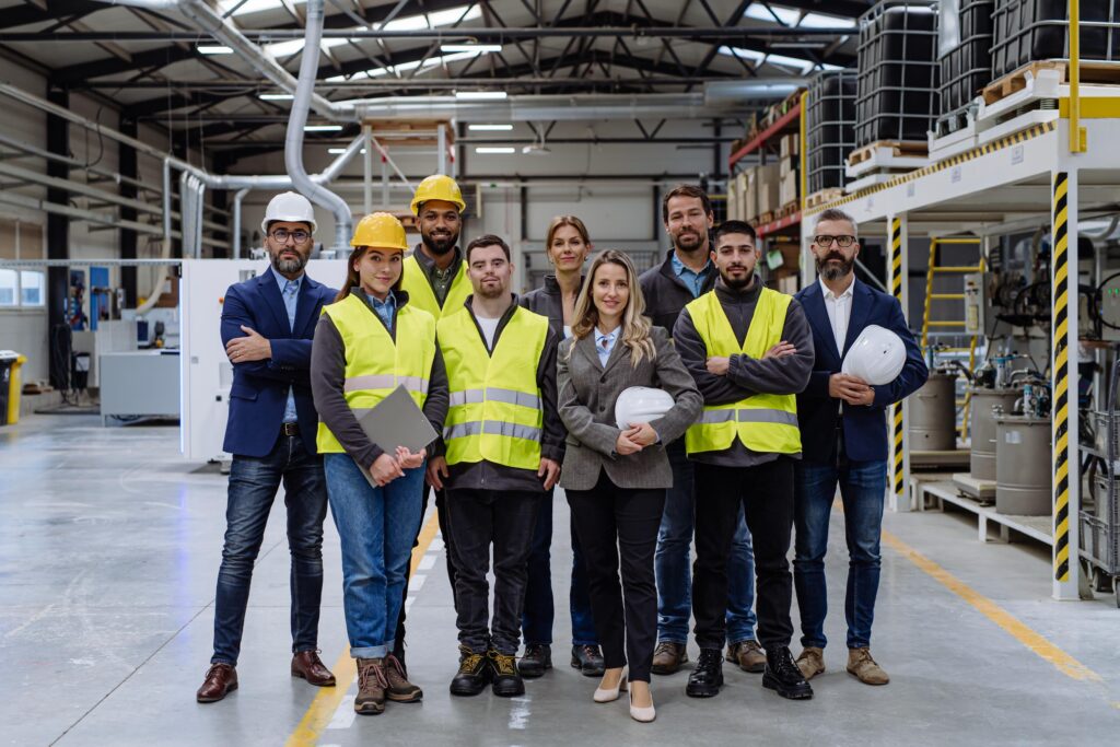 Full team of warehouse employees standing in warehouse. Team of workers, managers and female director in modern industrial factory, heavy industry, manufacturer. Group portrait.